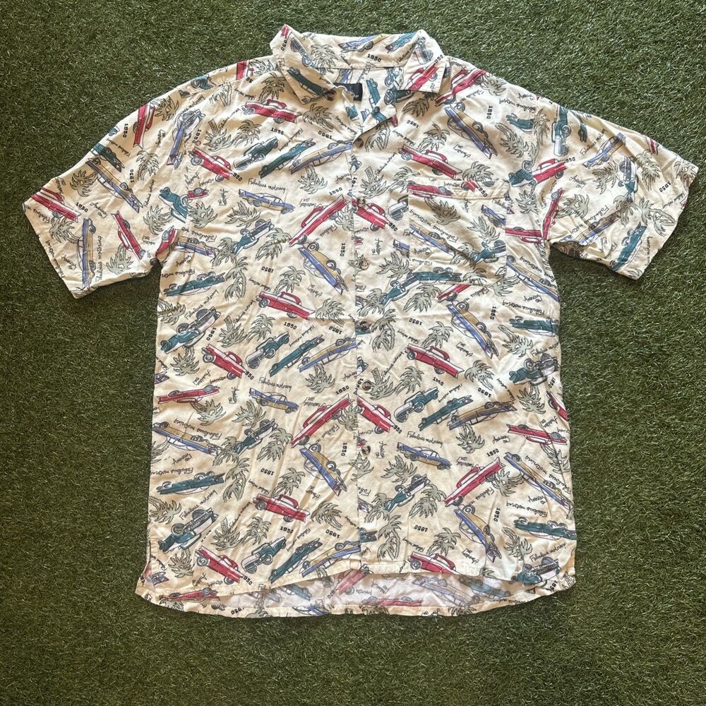 Vintage Modern Edge Hawaiin Style Polo Shirt Mens Large 1950 Classic Car Design